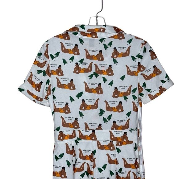 SHEIN Short Sleeve White Flare Jumpsuit Size XS My Body My Rules Buton Up - Picture 6 of 12